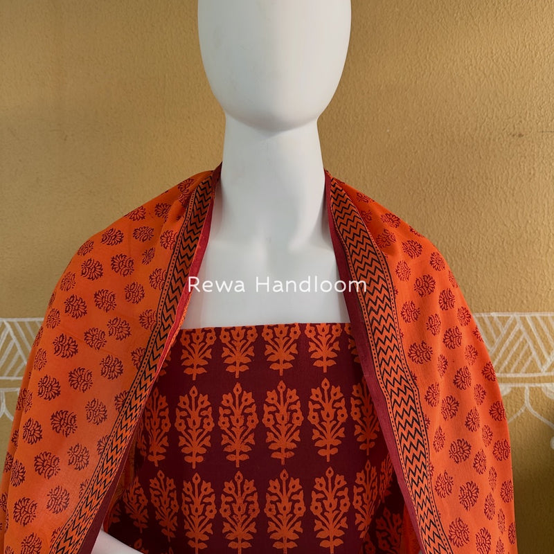 Maroon-Orange Bagh Print Cotton Suit BGCSJ021