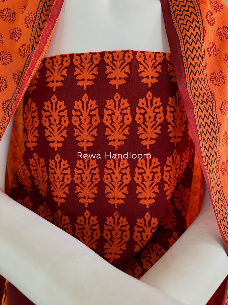 Maroon-Orange Bagh Print Cotton Suit BGCSJ021