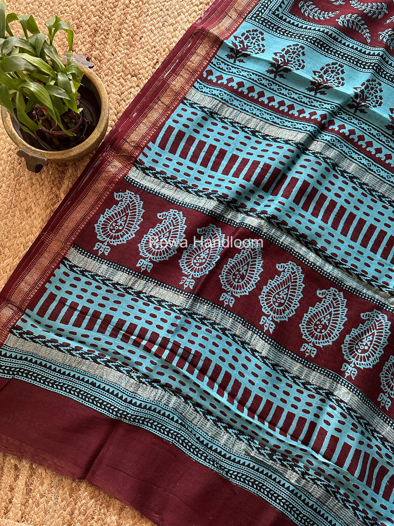 Maheshwari Maroon Bagh Print Small Border Saree MTBS172