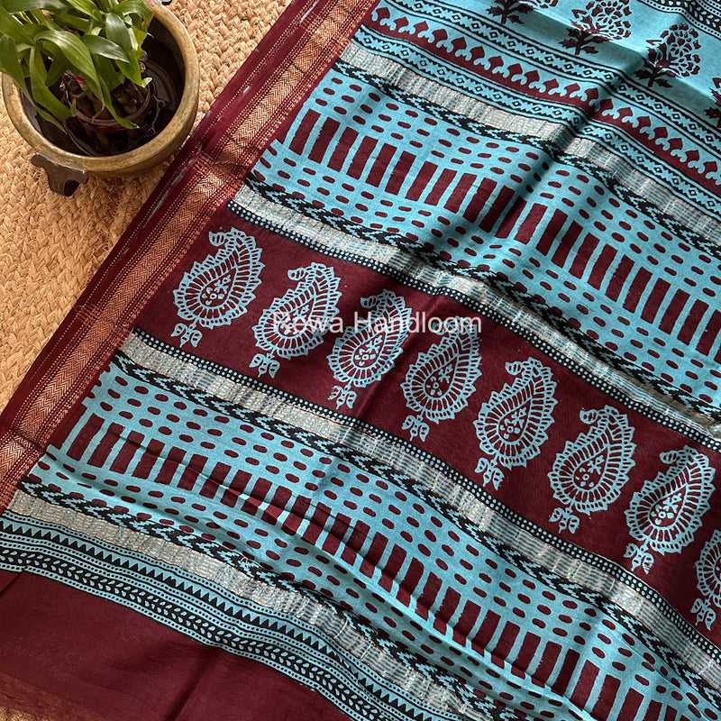 Maheshwari Maroon Bagh Print Small Border Saree MTBS172