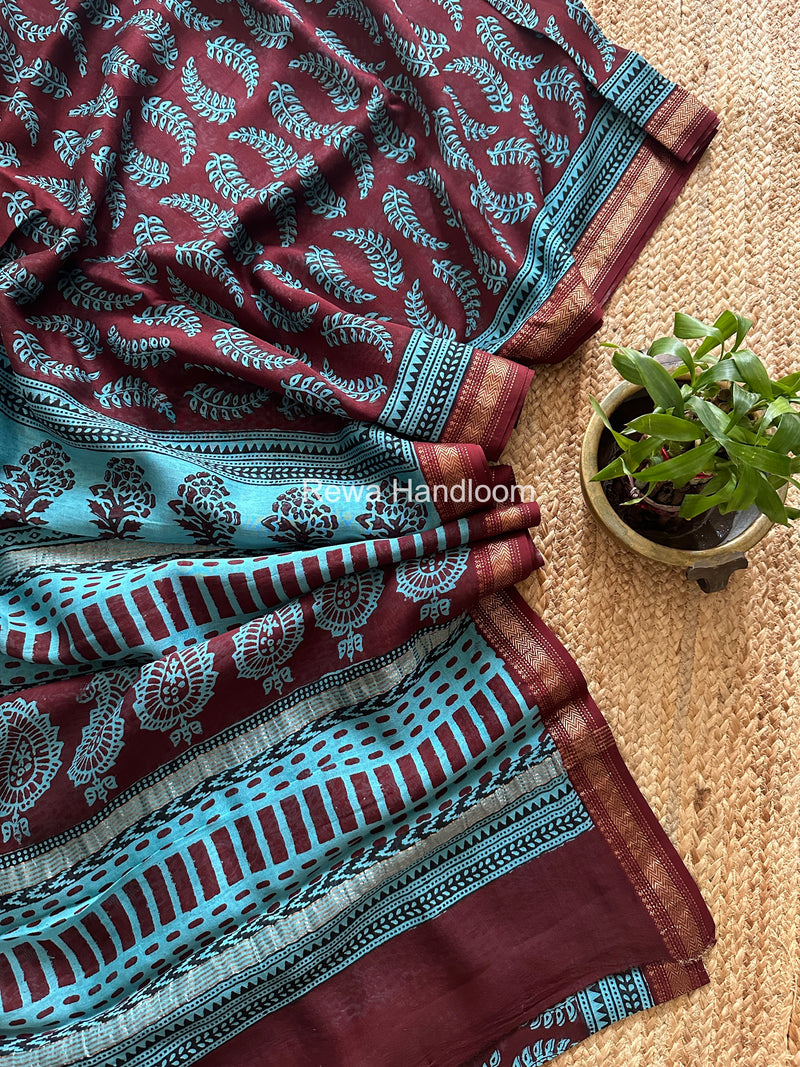 Maheshwari Maroon Bagh Print Small Border Saree MTBS172