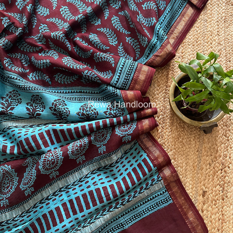 Maheshwari Maroon Bagh Print Small Border Saree MTBS172