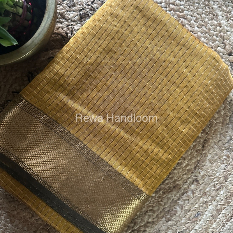 Maheshwari Mustard Yellow Zari Checks Saree ZCHX302