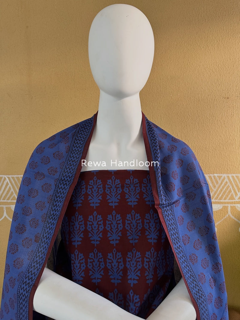Maroon-Blue Bagh Print Cotton Suit BGCSJ06