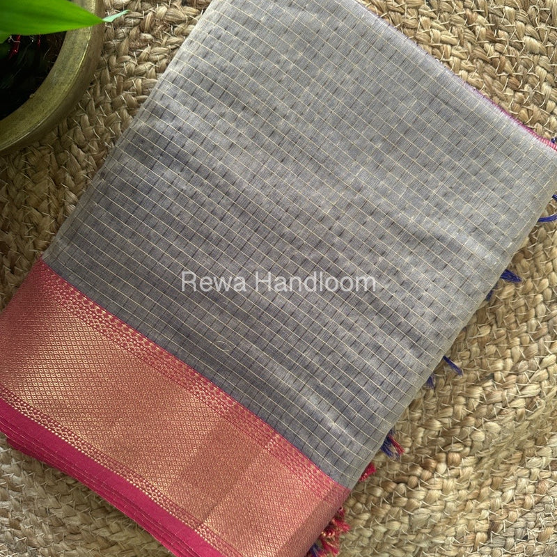 Maheshwari Grey Zari Checks Saree ZCHX281