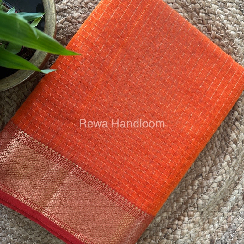 Maheshwari Orange Zari Checks Saree ZCHX299