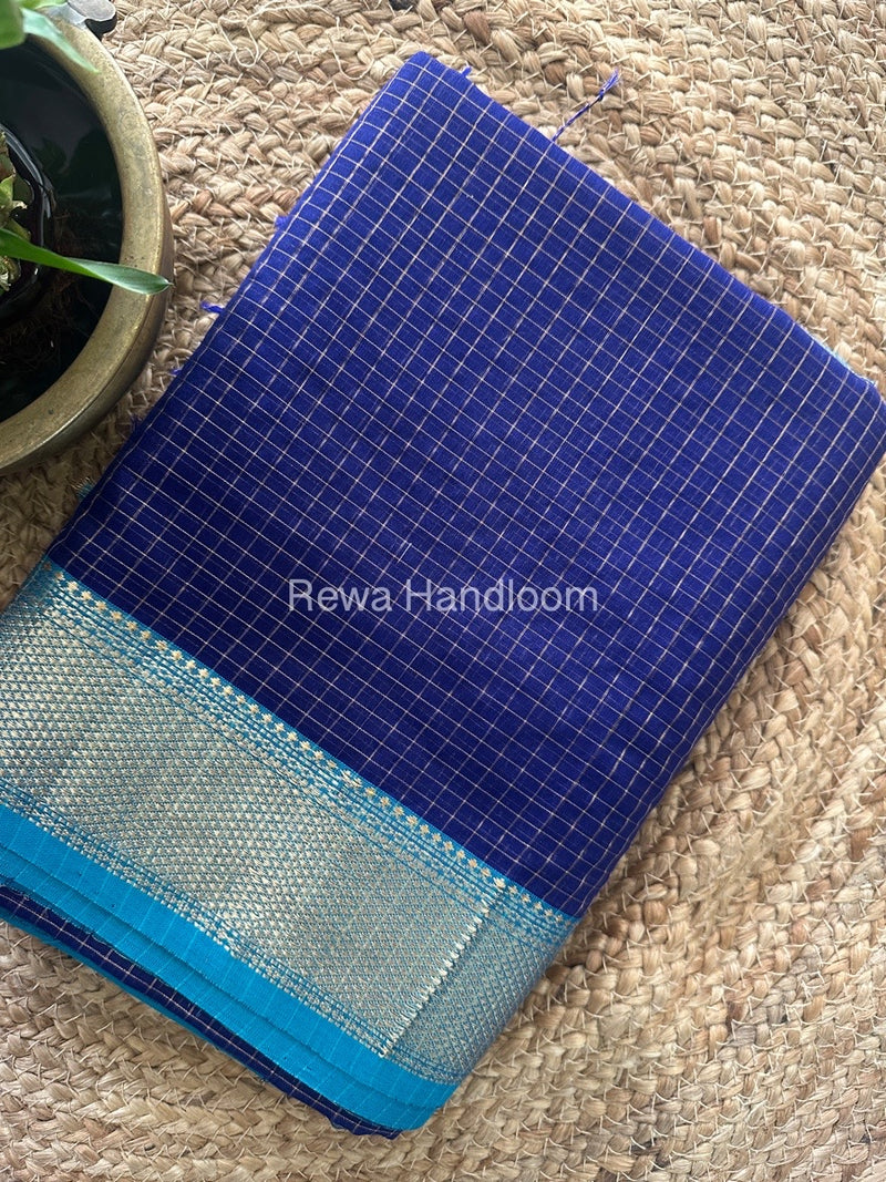 Maheshwari Blue Zari Checks Saree ZCHX300