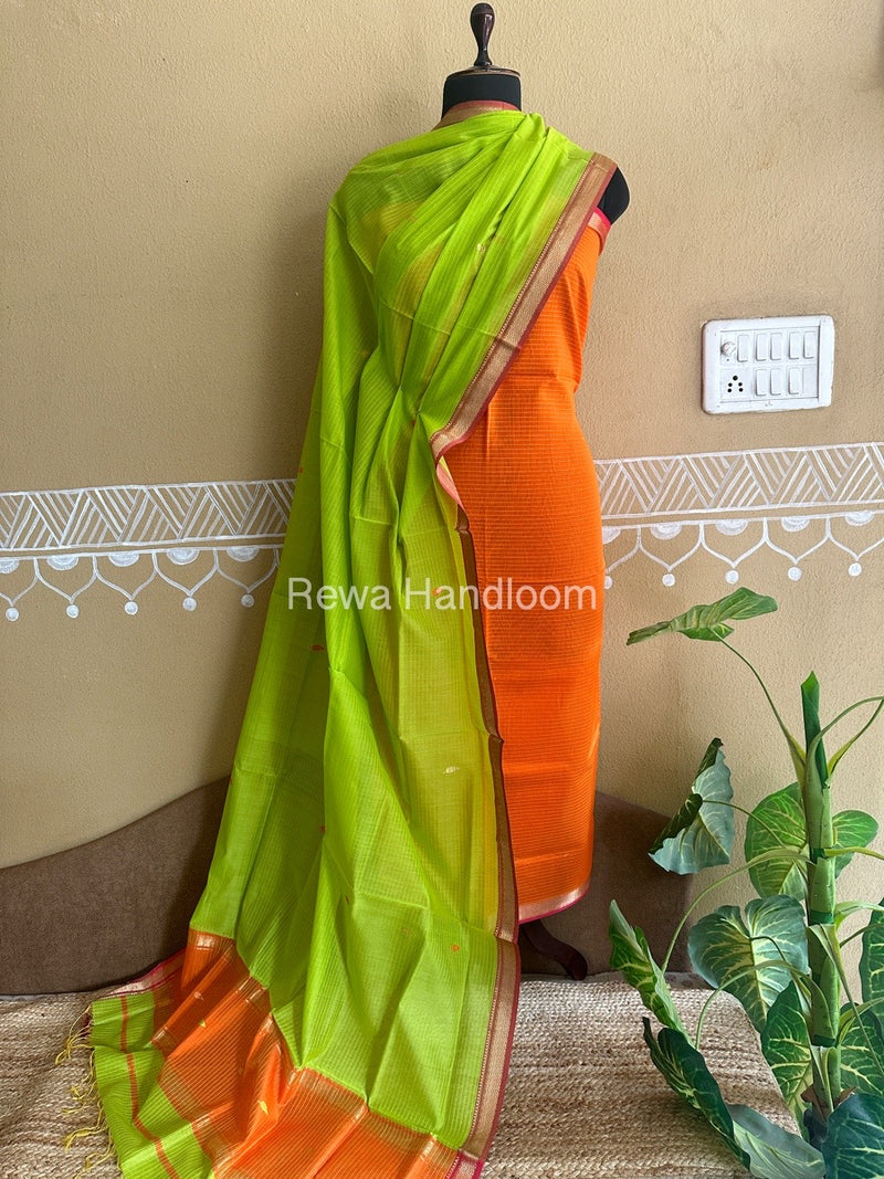 Maheshwari Orange-Green Motifs Top-Dupatta Set PST0100
