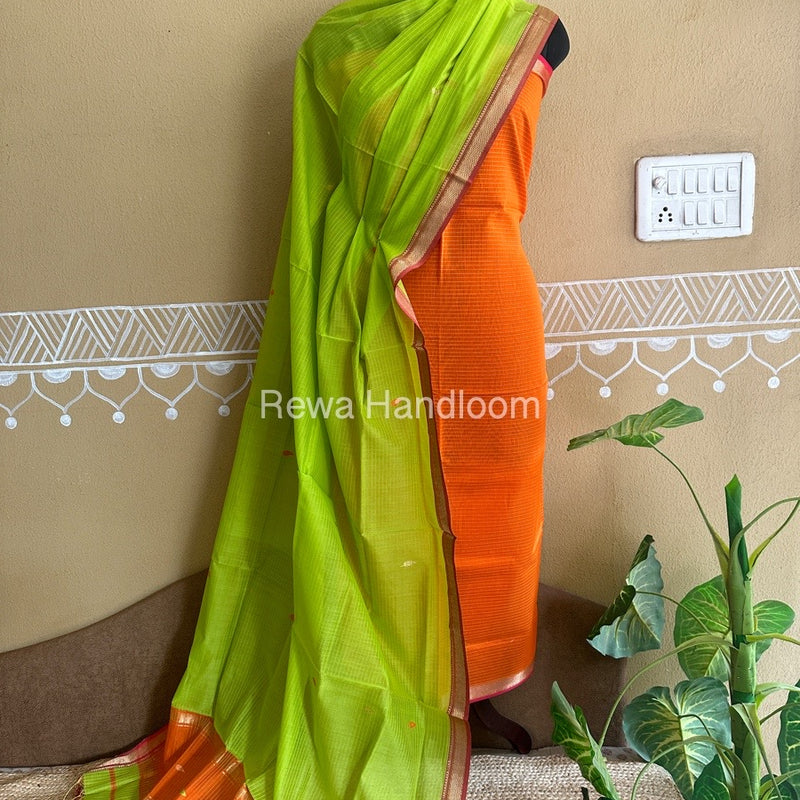 Maheshwari Orange-Green Motifs Top-Dupatta Set PST0100
