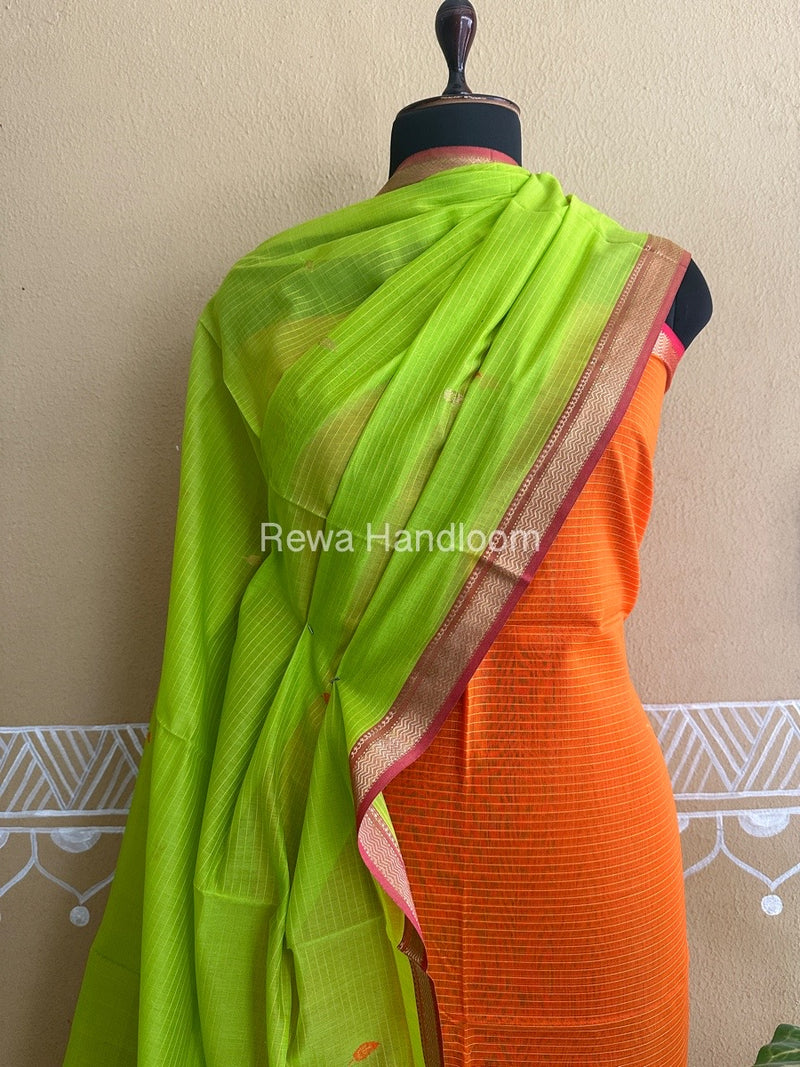 Maheshwari Orange-Green Motifs Top-Dupatta Set PST0100