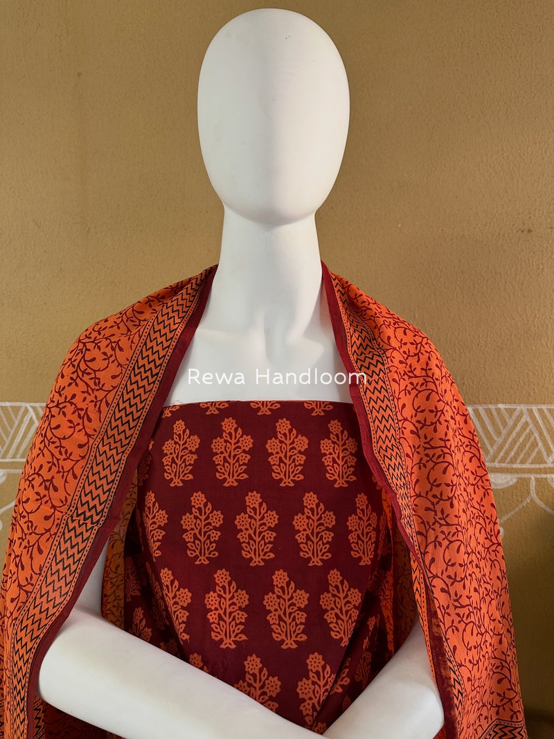 Maroon-Orange Bagh Print Cotton Suit BGCSJ017