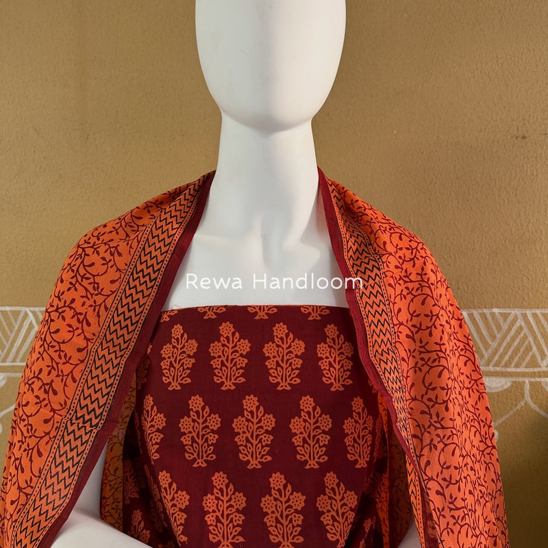 Maroon-Orange Bagh Print Cotton Suit BGCSJ017