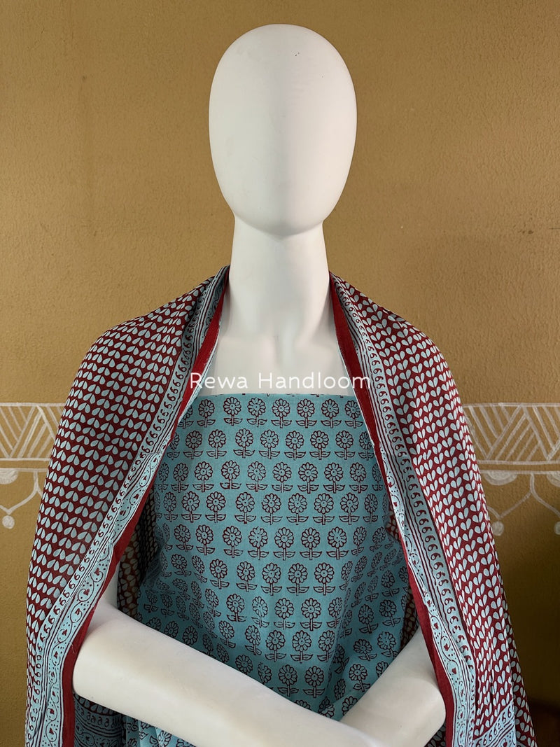 Sky Blue-Maroon Bagh Print Cotton Suit BGCSJ03
