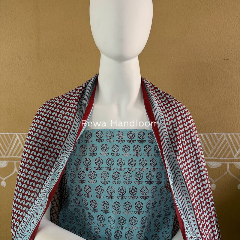 Sky Blue-Maroon Bagh Print Cotton Suit BGCSJ03