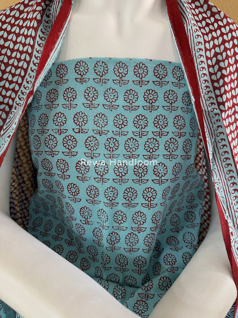 Sky Blue-Maroon Bagh Print Cotton Suit BGCSJ03
