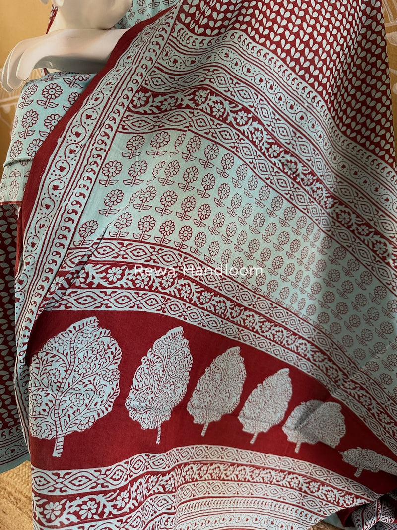 Sky Blue-Maroon Bagh Print Cotton Suit BGCSJ03