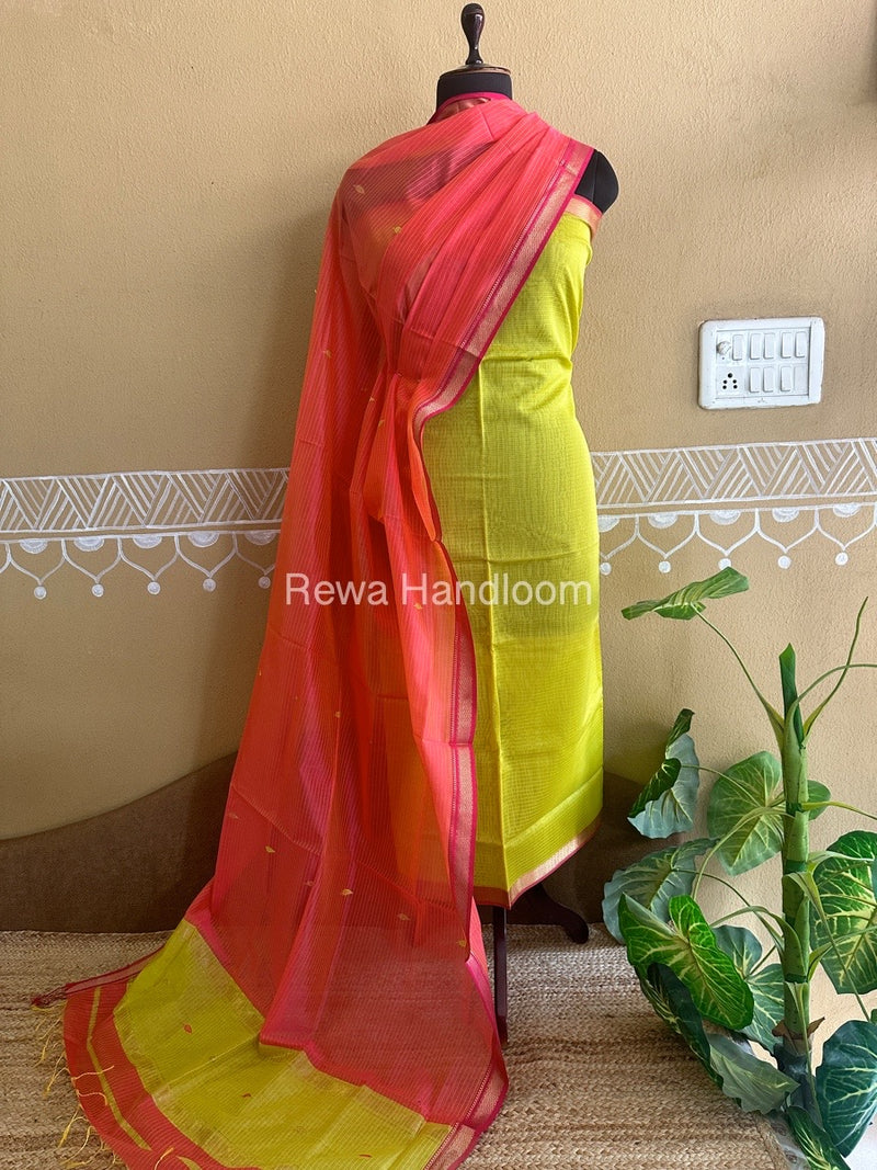 Maheshwari Yellow-Fuchsia Motifs Top-Dupatta Set PST095