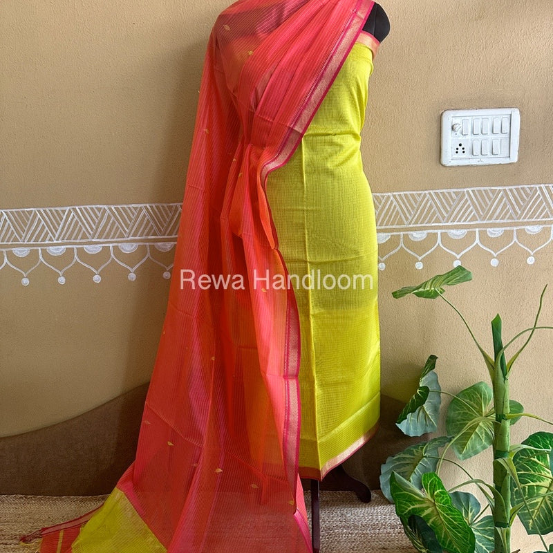 Maheshwari Yellow-Fuchsia Motifs Top-Dupatta Set PST095