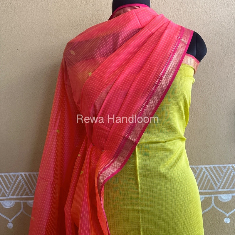 Maheshwari Yellow-Fuchsia Motifs Top-Dupatta Set PST095