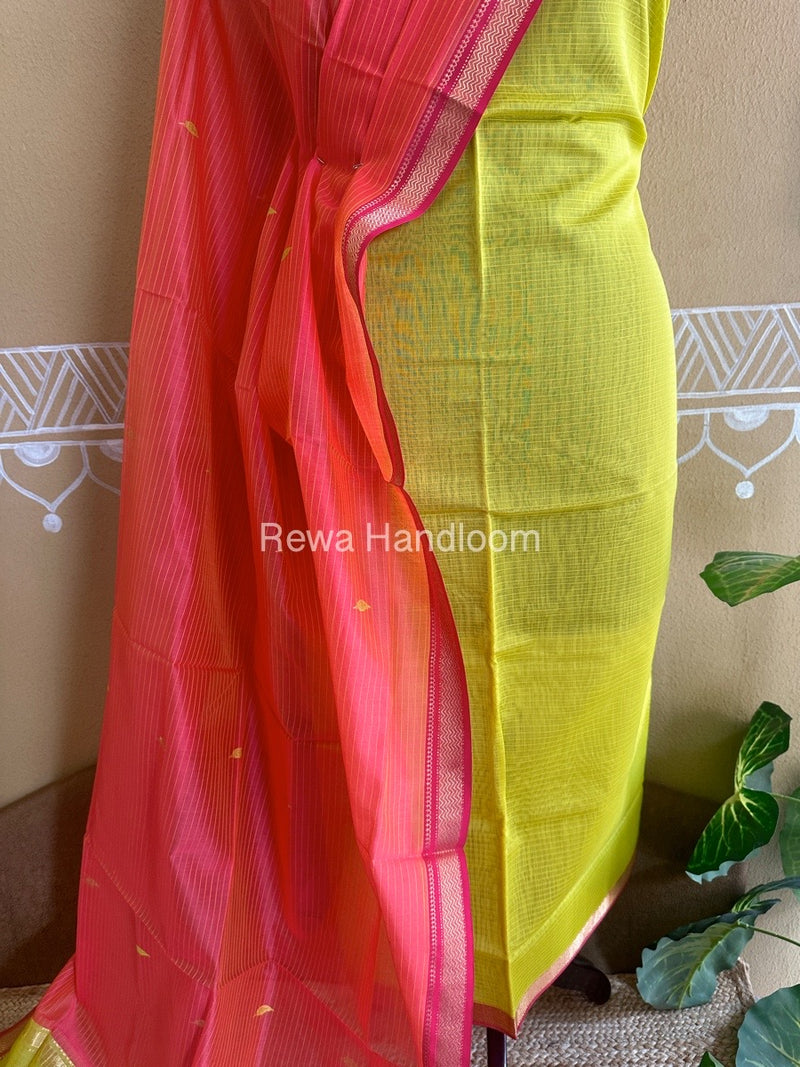 Maheshwari Yellow-Fuchsia Motifs Top-Dupatta Set PST095