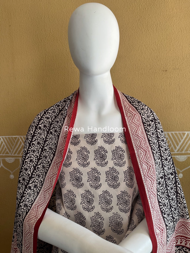 White-Black Bagh Print Cotton Suit BGCSJ036