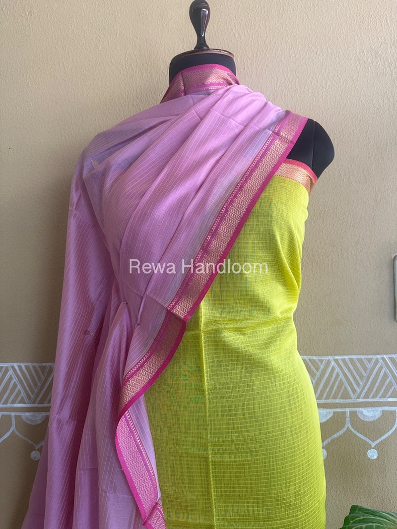 Maheshwari Yellow-Onion Pink Motifs Top-Dupatta Set PST092