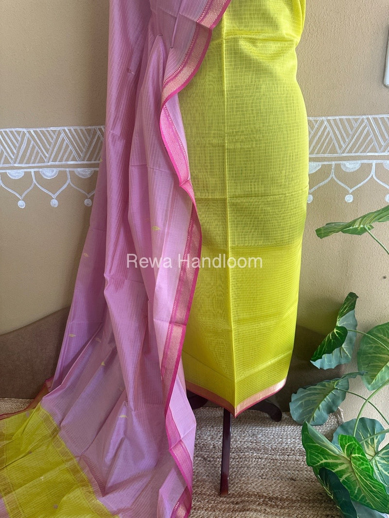 Maheshwari Yellow-Onion Pink Motifs Top-Dupatta Set PST092