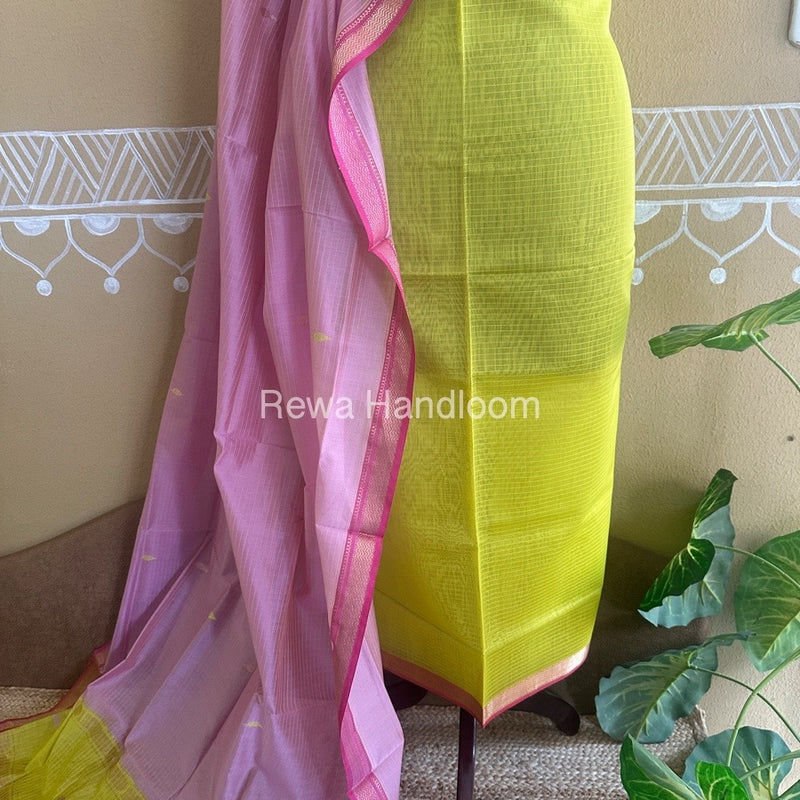Maheshwari Yellow-Onion Pink Motifs Top-Dupatta Set PST092
