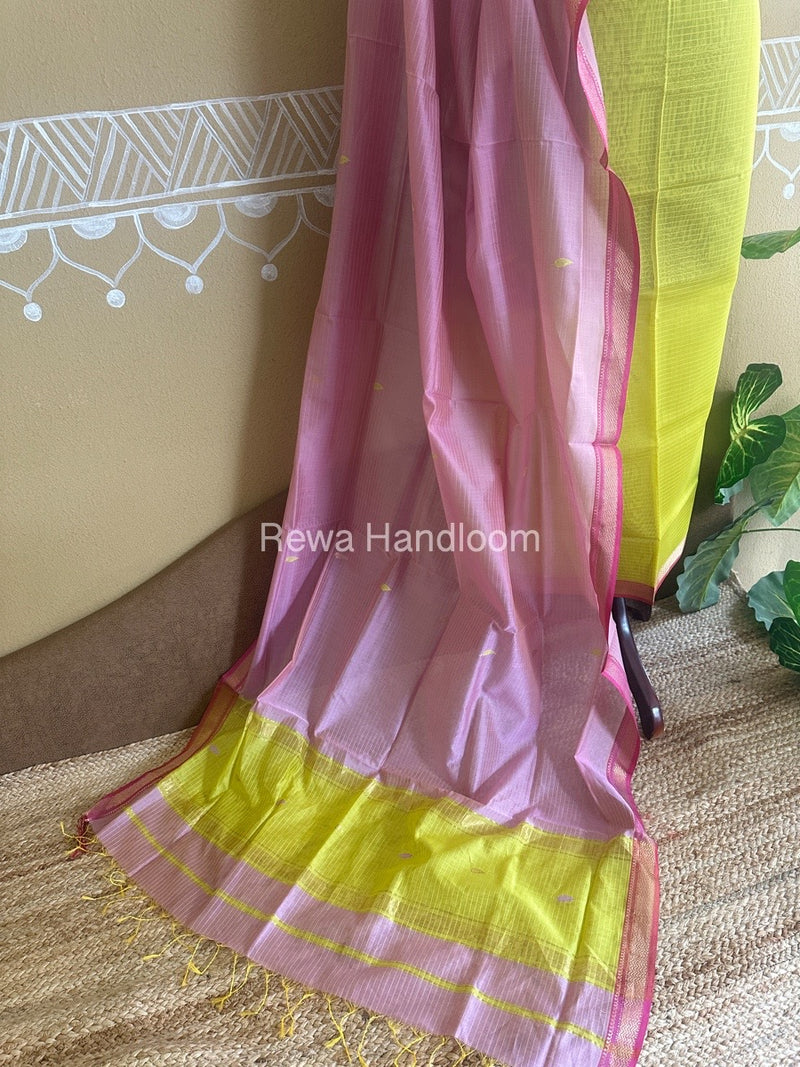 Maheshwari Yellow-Onion Pink Motifs Top-Dupatta Set PST092
