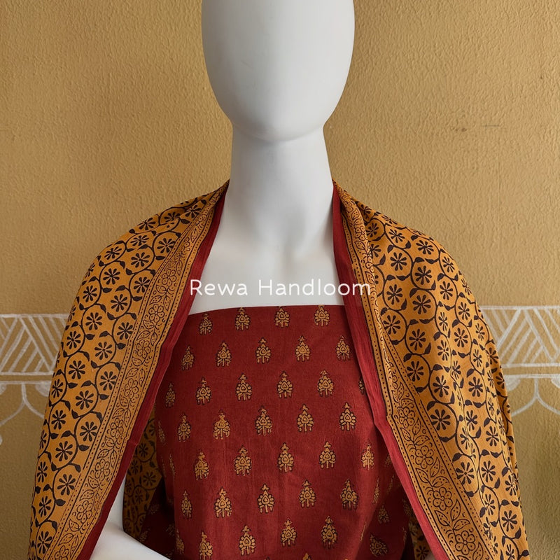 Red-Mustard Yellow Bagh Print Cotton Suit BGCSJ066