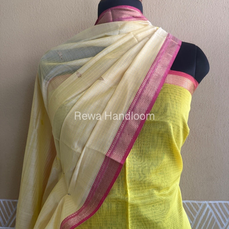 Maheshwari Yellow-Cream Motifs Top-Dupatta Set PST091