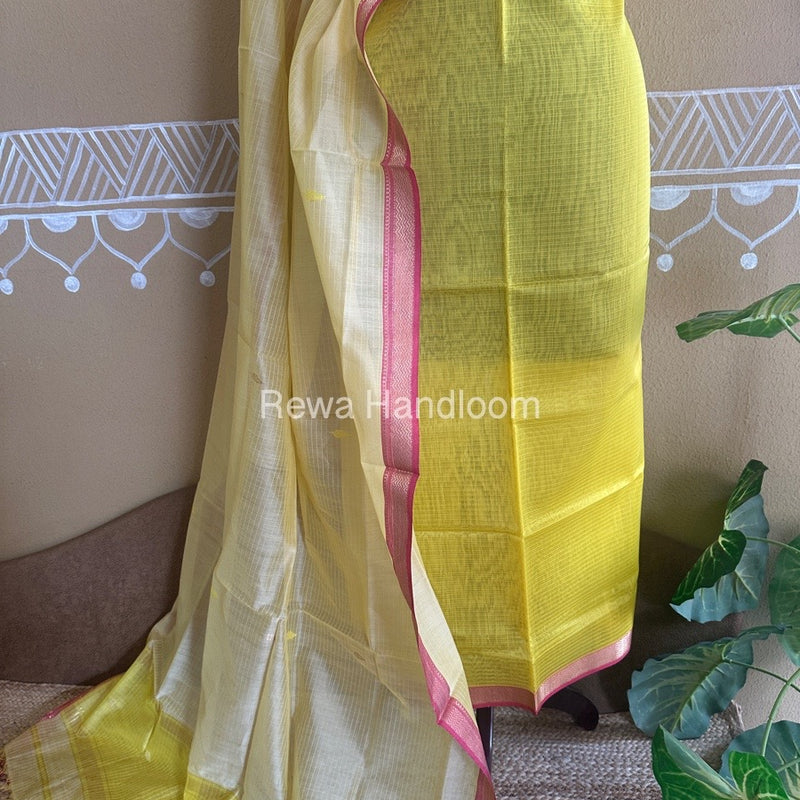 Maheshwari Yellow-Cream Motifs Top-Dupatta Set PST091