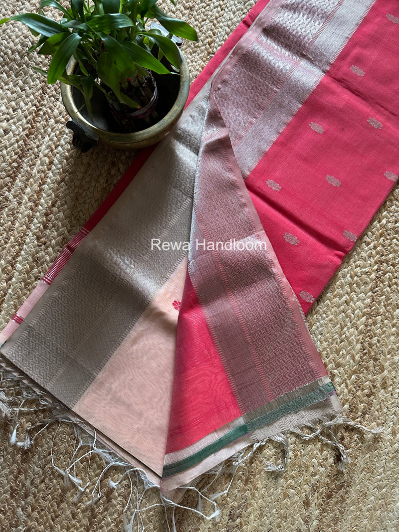 Maheshwari Peach Silver Butti Saree SGSB028