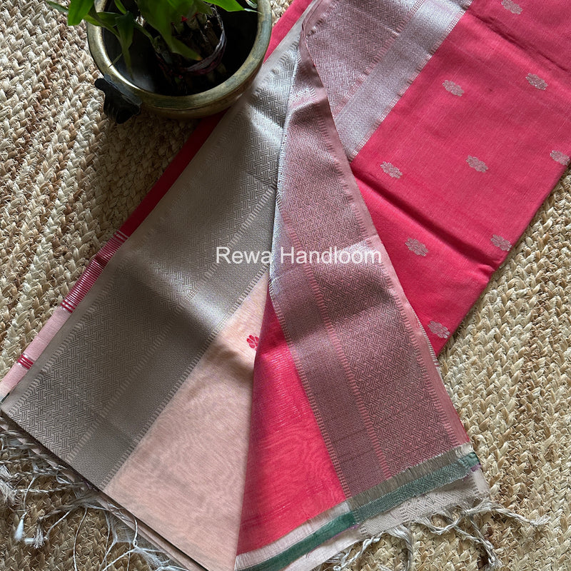 Maheshwari Peach Silver Butti Saree SGSB028