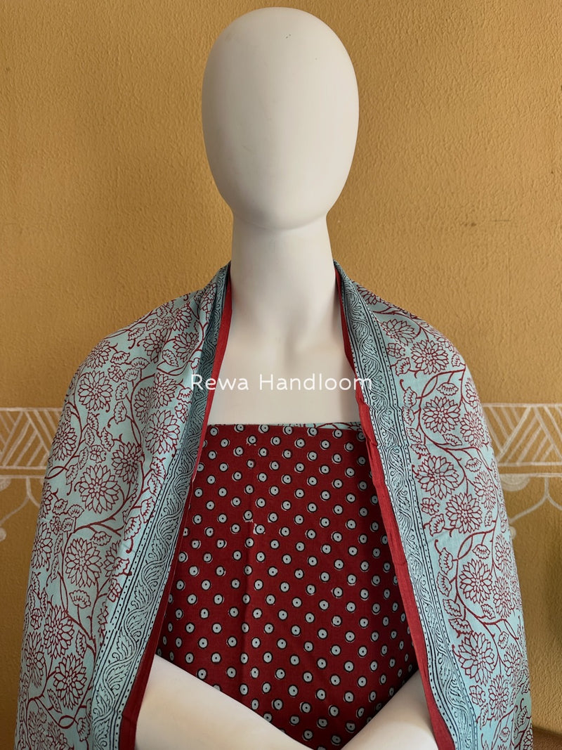 Maroon-Light Blue Bagh Print Cotton Suit BGCSJ072