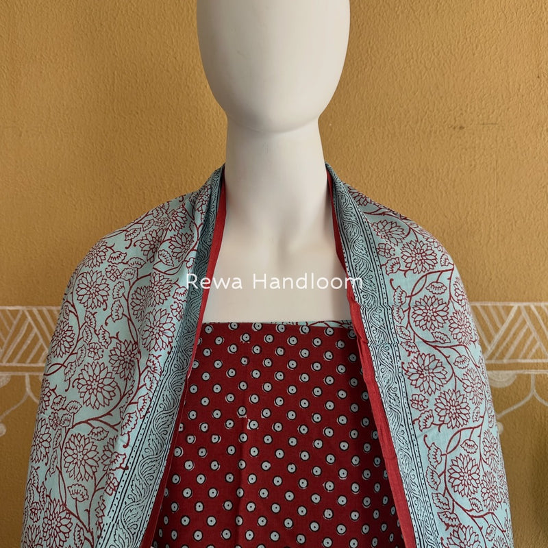 Maroon-Light Blue Bagh Print Cotton Suit BGCSJ072
