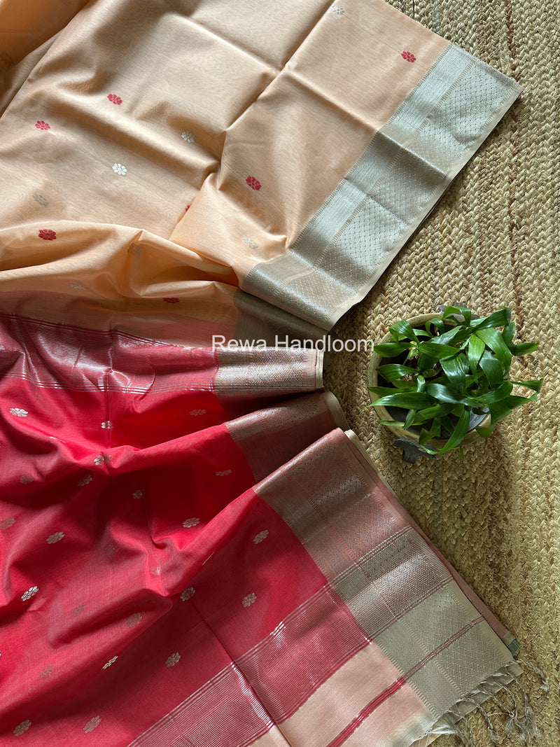 Maheshwari Peach Silver Butti Saree SGSB028
