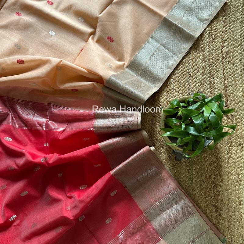 Maheshwari Peach Silver Butti Saree SGSB028