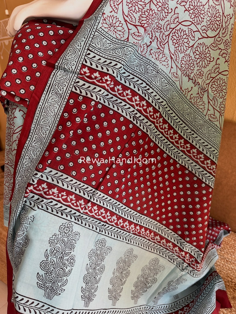 Maroon-Light Blue Bagh Print Cotton Suit BGCSJ072