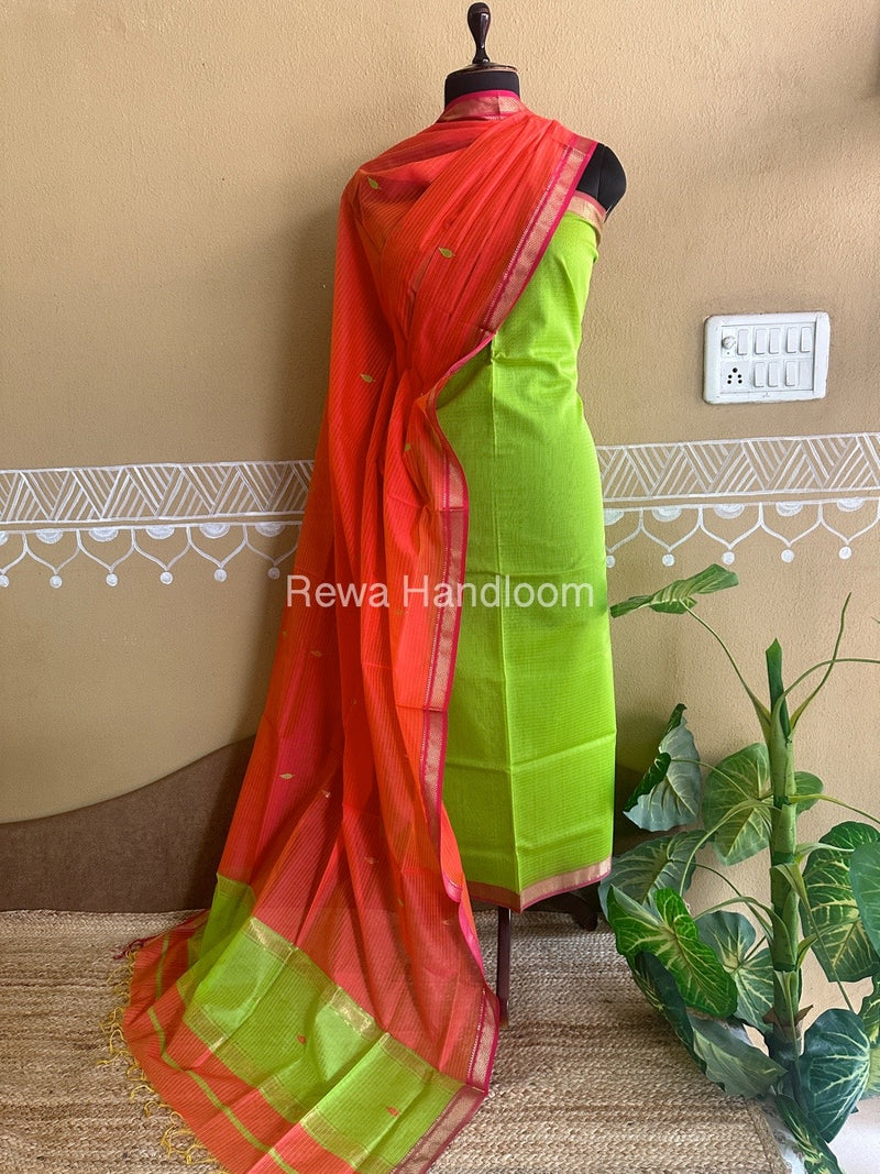 Maheshwari Parrot Green-Orange Motifs Top-Dupatta Set PST054