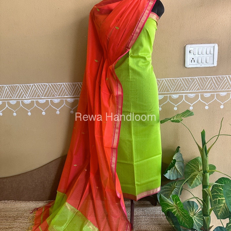 Maheshwari Parrot Green-Orange Motifs Top-Dupatta Set PST054