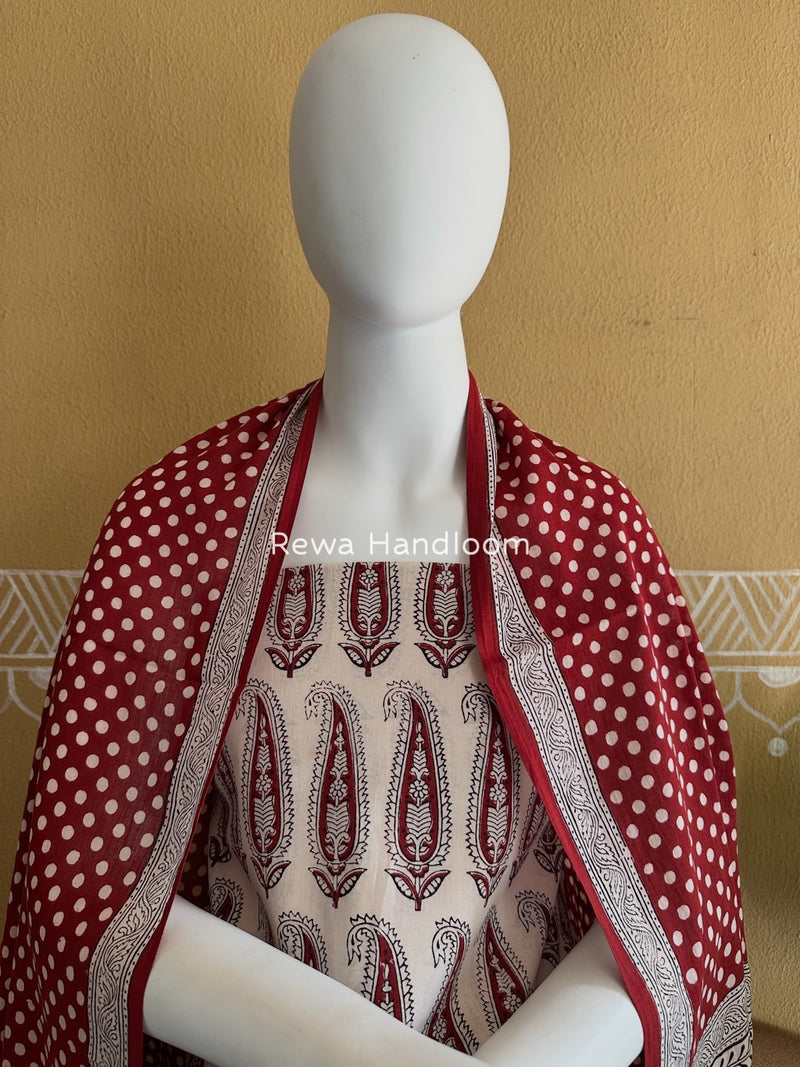 White-Maroon Bagh Print Cotton Suit BGCSJ050