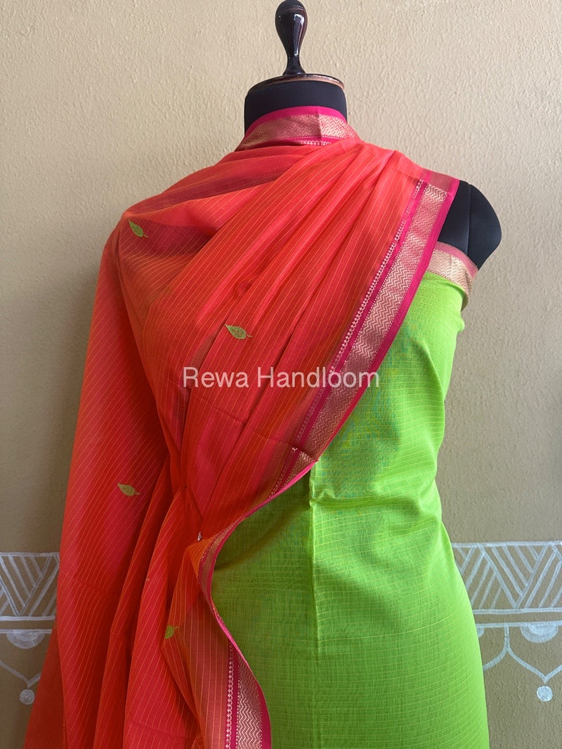 Maheshwari Parrot Green-Orange Motifs Top-Dupatta Set PST054