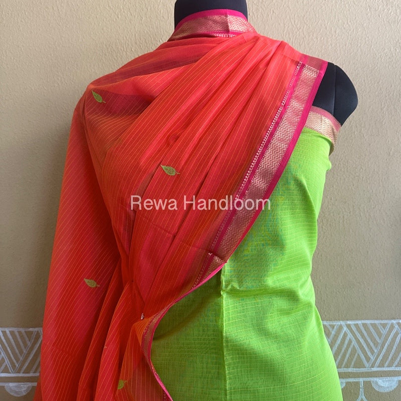 Maheshwari Parrot Green-Orange Motifs Top-Dupatta Set PST054