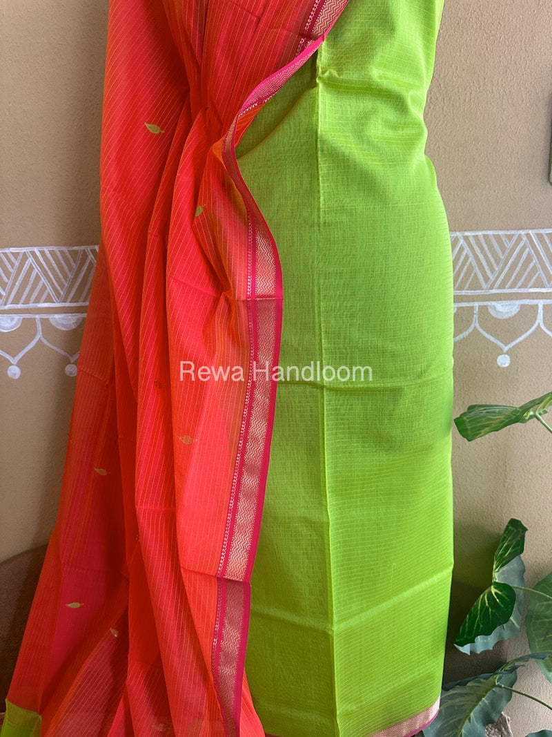 Maheshwari Parrot Green-Orange Motifs Top-Dupatta Set PST054