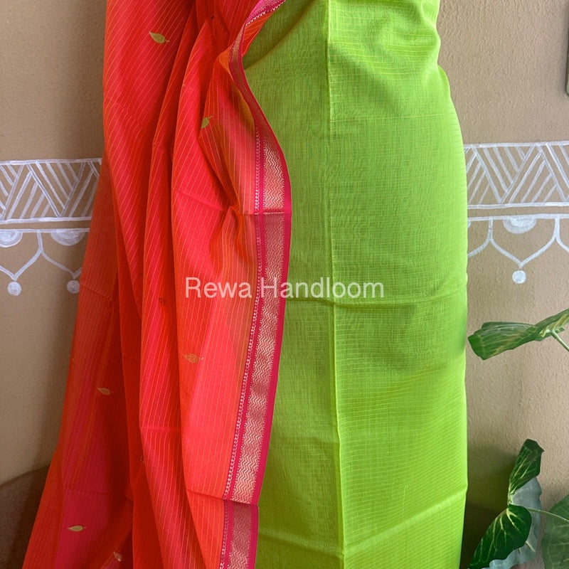 Maheshwari Parrot Green-Orange Motifs Top-Dupatta Set PST054