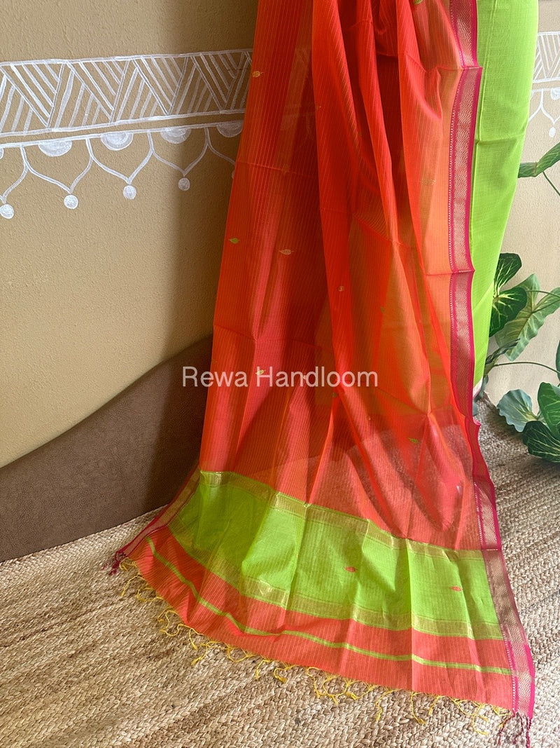 Maheshwari Parrot Green-Orange Motifs Top-Dupatta Set PST054