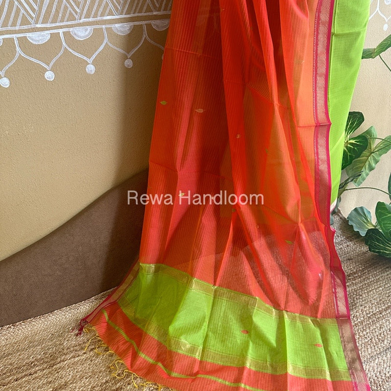 Maheshwari Parrot Green-Orange Motifs Top-Dupatta Set PST054