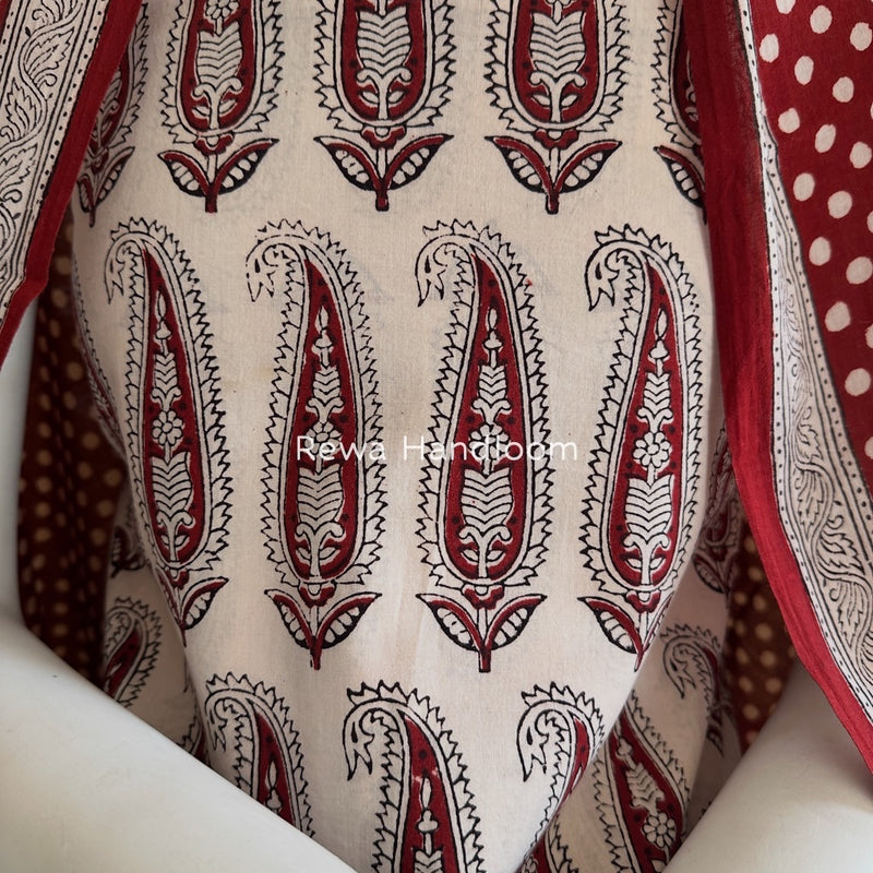 White-Maroon Bagh Print Cotton Suit BGCSJ050