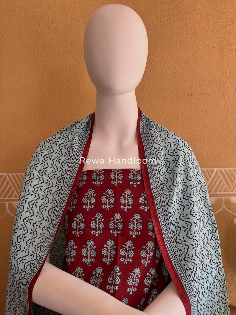 Red-Sky Blue Bagh Print Cotton Suit BGCSJ065